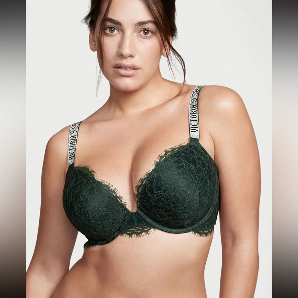 Victorias Secret Very Sexy Lace Shine Strap Push-Up Bra in Forest Green 34DD New - Picture 2 of 9